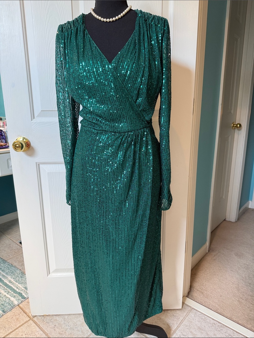 Limited Run! Emerald Green Sequin Wrap-Style Evening Dress